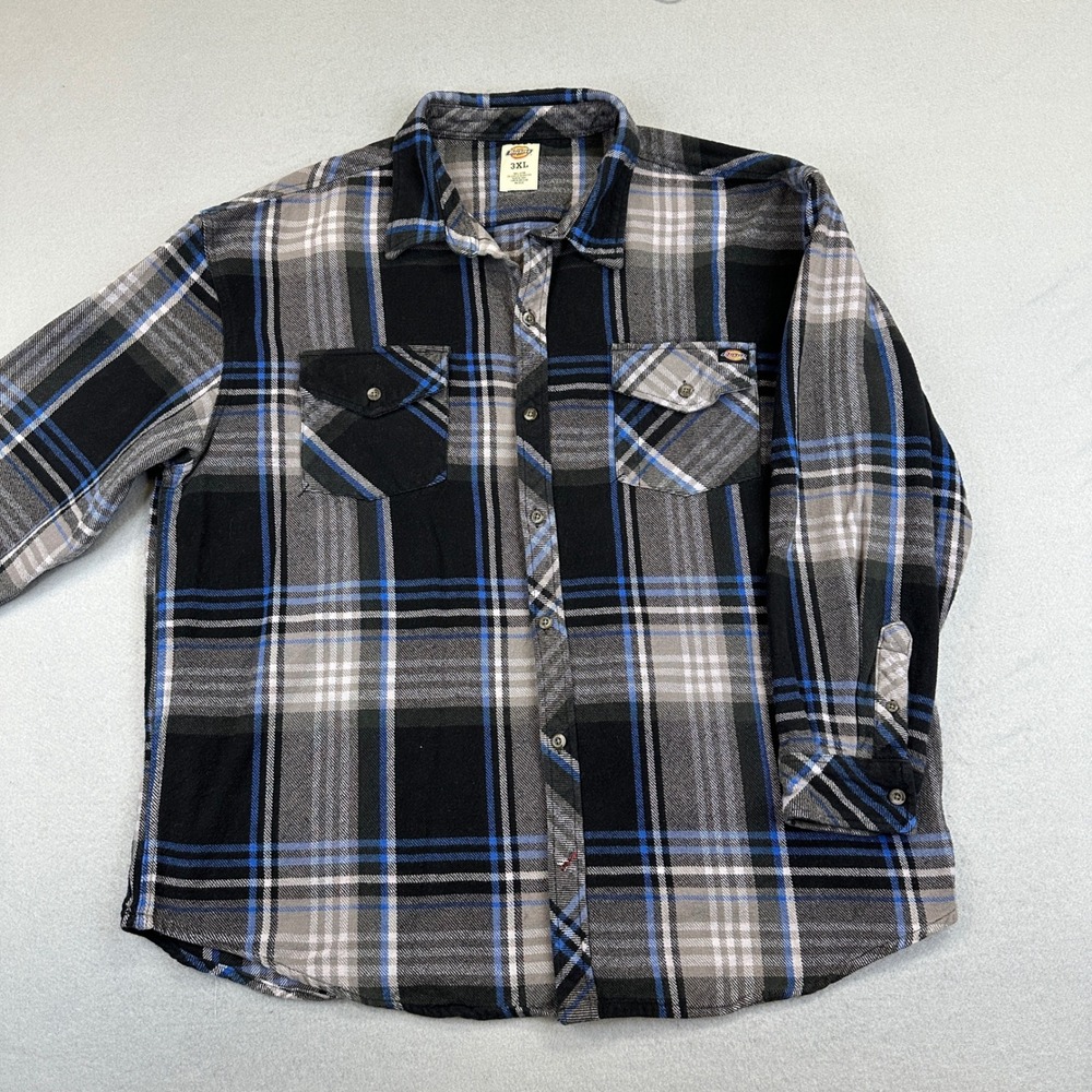 Dickies Flannel Shirt Mens 3XL Black Blue Plaid Long Sleeve Cotton Workwear